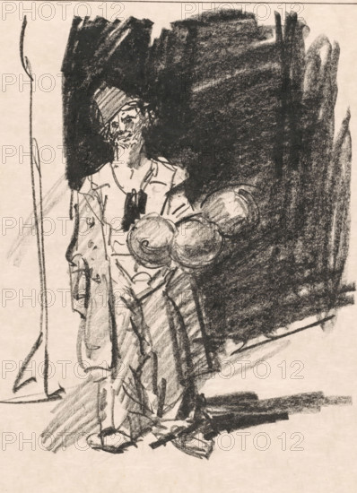 Clown with balloons, print, printmaker: Isaac Israels (signed by artist), 1895 - 1934, paper, lithography, height 427 mm x width 430 mm, clown, circus, A rough charcoal sketch of a standing person wearing a hat and a long coat, drawn against a dark heavily shaded background, with large rounded shapes near the figure's midsection and diagonal sketch lines suggesting folds in clothing and shadow on the ground.