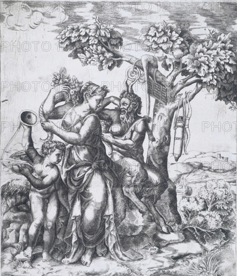 Pan, Pomona en Amor, print, album page, Pomona and Amor sitting under a tree with musical instruments and a bow and quiver hanging in it., number: '45', watermark, printmaker: Monogrammist IHS, Italy, after print by Giulio Bonasone, after design by Giulio Romano, 1561, Giulio Bonasone, after print by, Attributed to, paper, etching, engraving, etching and engraving, mounted on insert strip, height 288 mm x width 228 mm, height 540 mm x width 403 mm, A detailed black and white engraving shows a group of classical figures gathered beneath a large leafy tree, with a woman draped in flowing fabric at the center holding a bunch of flowers above her head and turning toward a bearded, partially draped satyr who leans against the tree and gestures with one arm; a wingless child stands to the woman's side holding a shallow dish and a horn, while another child reclines near the base of the woman. The tree beside them has textured bark, broad clusters of leaves, and objects hanging from its branch...