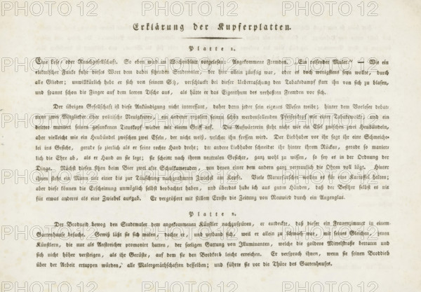 Explanation for prints 1 and 2, Adventures of a Traveling Painter, Die Abentheuer eines reisenden Mahlers, print, printmaker: Friedrich Rottmann, 1788 - 1806, paper, letterpress printing, height 230 mm x width 306 mm, Part of a series consisting of: title page, 6 numbered etchings and 2 sheets of explanation in letterpress., A cream-colored sheet with evenly spaced lines of printed dark gray text filling most of the page, centered decorative headings in a larger stylized type, faint foxing and small age spots scattered across the background, and slightly darker margins along the top and sides.