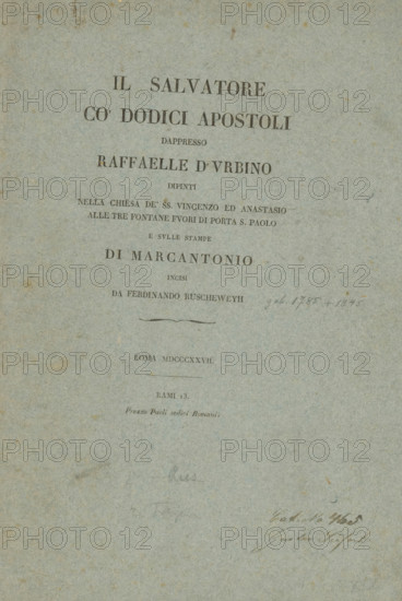 Cover for a series of Christ and the twelve apostles, Christ and the twelve apostles, Il Salvatore co'dodici Apostoli, wrapper, print, : 'Cat. No 465, ', printmaker: Ferdinand Ruscheweyh, after painting by Rafaël, after print by Marcantonio Raimondi, 1827, Ferdinand Ruscheweyh, Rafaël, Marcantonio Raimondi, printmaker, after painting by, after print by, paper, letterpress printing, letterpress printing on blue paper, height 325 mm x width 230 mm x height 327 mm x width 449 mm, the twelve apostles (as a group), usually with books or scrolls (not in biblical context), A faded sheet of bluish-gray paper with printed lines of dark serif text arranged mostly near the top and center, showing larger bold words at the top and smaller lines below, a faint horizontal decorative flourish under some text, and a few handwritten pencil or ink marks and scrawled words near the right and lower portions; the paper surface has subtle speckles, small stains, and areas of uneven discoloration, with visibl...