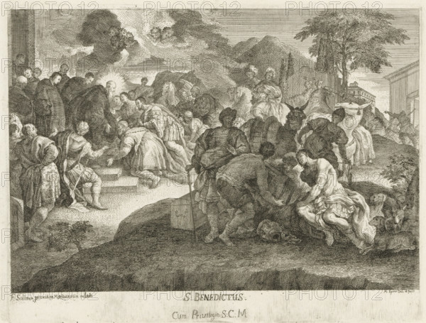 Saint Benedict and men with a treasure chest, S. Benedictus, print, printmaker: Martin Speer, Regensburg, after painting by Francesco Solimena, Latium, 1725 - 1765, unknown, grantor of privilege, Bavaria, paper, etching, intaglio printmaking technique, height 290 mm x width 377 mm, Print after a destroyed painting in the Abbey of Monte Cassino., Benedict of Nurcia, abbot of Monte Cassino and founder of the Benedictine Order, possible attributes: aspergillum, book, cup (sometimes broken), raven with loaf, sieve (or tray), money-chest, treasure-chest, money-box, A densely detailed monochrome engraving shows a large gathering of people on a rocky landscape with steps leading up to a building on the left and a tree and structures on the right; numerous robed figures crowd the left foreground and center, some kneeling and reaching toward a central elderly figure with a radiant halo around his head, while other seated and standing figures cluster nearby, including a group of soldiers on hors...