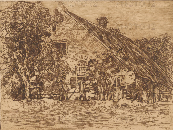 Farmhouse (original title), print, Low farmhouse among trees., printmaker: Willem de Zwart, c. 1898 - c. 1899, paper, etching, intaglio printmaking technique, height 188 mm x width 248 mm, farm or solitary house in landscape, A detailed line drawing of a rustic building with a steep roof and visible chimney, partially obscured by large leafy trees and foliage, with window and doorway openings and wooden fences in front; the foreground shows textured ground and a body of water or rippled surface, while the sky area is filled with fine horizontal hatch marks.