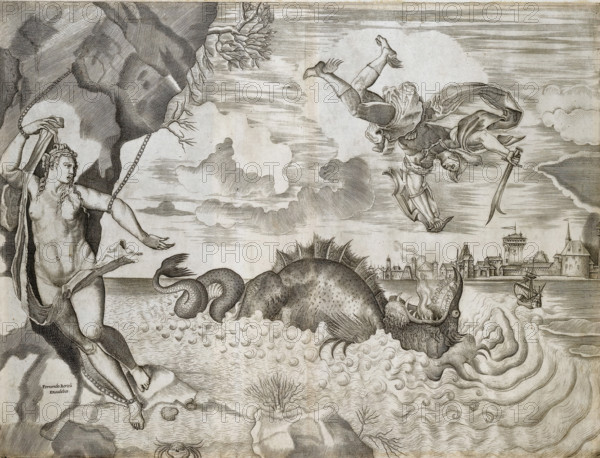 Perseus and Andromeda, print, album page, Left: Andromeda chained to a rock formation. Right: a large open body of water with a sea monster. Above in the air, the flying Perseus with sword and shield in attack. In the background on the right, a coastal city., number: '32', watermark, printmaker: Giulio Sanuto, Italy, after painting by Titian, after print by Albrecht Dürer, Nuremberg, publisher: Ferando Bertelli, Venice, c. 1550 - c. 1570, Albrecht Dürer, after print by, Bavaria, paper, engraving, cut off inside plate edge, mounted with four strips, folded in half, mounted on insert strip, height 385 mm x width 510 mm, A monochrome engraved scene shows a muscular nude figure standing on a rocky shore, draped cloth held in one hand and a chain around a wrist, hair styled in curls, reaching toward a large multi-headed sea creature rising from turbulent waters with scaly bodies and a gaping head emitting smoke and foam; another armored figure with flowing cape and helmet is depicted upside...