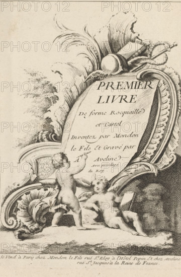Title page with rocaille and putti, First series of rocaille and serrated ornaments, Premier Livre de forme Rocquaille et Cartel, print, album page, ornamental print, title page, Series number, 1, 7, This series is numbered with a letter A in the upper left. On the verso, the outline of the putti in pencil. Print is part of an album., printmaker: Antoine Aveline, after design by François-Thomas Mondon, Paris, 1736, paper, pencil, etching, engraving, drawing, etching and engraving, pencil drawing on verso, height 229 mm x width 165 mm, rocaille ornament, cupids: 'amores', 'amoretti', 'putti', A detailed engraved scene shows an ornate curved frame with flowing shell-like decorations and feathered scrollwork surrounding a large tilted tablet, two cherubic children occupy the lower area with one standing and pointing upward and the other reclining and looking toward the viewer, sculpted ornamental acanthus leaves and volute shapes fill the corners, a rounded knob and twisted ribbon element...