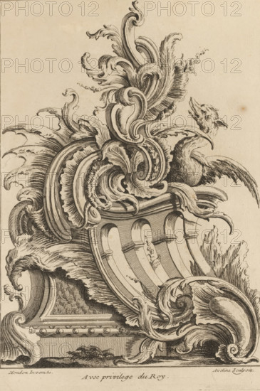 Rocaille with dragon, First series of rocaille and serrated ornaments, Premier Livre de forme Rocquaille et Cartel, print, album page, ornamental print, Series number, 3, 7, This series is numbered with a letter A in the upper left. Print is part of an album., printmaker: Antoine Aveline, after design by François-Thomas Mondon, grantor of privilege: Louis XV of France, France, 1736, paper, etching, height 237 mm x width 167 mm, rocaille ornament, dragon, The image shows an ornate black ink drawing on a light background featuring elaborate swirling acanthus-like foliage and curving volutes that flow around a carved architectural element with ribbed, arching slats and decorative moldings; the composition includes finely hatched shading and textured lines, a stylized bird head emerging from the scrollwork, curling leaf forms, layered fronds, and intricate linear patterns along a base plinth, all rendered with detailed crosshatching and flowing ornamental curves.
