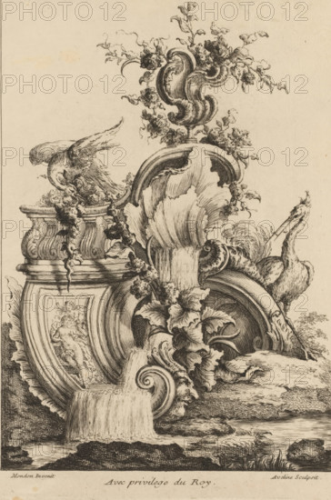 Rocaille with birds, Premier Livre de forme Rocquaille et Cartel, First series of rocaille and cartel ornaments, print, album page, ornamental print, Series number, 4, 7, This series is numbered with a letter A in the upper left. Print is part of an album., printmaker: Antoine Aveline, after design by François-Thomas Mondon, grantor of privilege: Louis XV of France, France, 1736, paper, etching, height 240 mm x width 166 mm, rocaille ornament, birds, A detailed black ink etching on aged paper shows an ornate carved fountain or architectural ornament with flowing water. The composition features volute shapes, scalloped shells, and layered curved surfaces, rendered with fine parallel and cross-hatching lines. Floral garlands and clusters of blossoms wind around the sculptural forms and cascade down the sides. A bird with outstretched wings perches near the upper left of the structure, and another long-necked bird stands to the right, their feathers depicted with textured strokes. Water p...