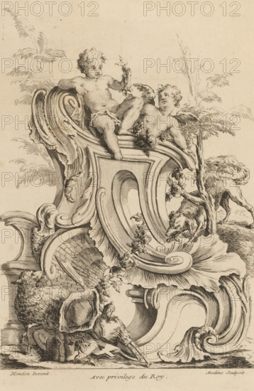 Rocaille with two putti, a dog and a sheep, print, album page, ornamental print, Series number, 5, 7, This series is numbered with a letter A in the upper left. Print is part of an album., printmaker: Antoine Aveline, after design by François-Thomas Mondon, grantor of privilege: Louis XV of France, France, 1736, paper, etching, height 239 mm x width 167 mm, rocaille ornament, cupids: 'amores', 'amoretti', 'putti', dog, A detailed ink drawing shows two cherubic figures reclining on an ornate curved architectural element with acanthus-like scrolls and carved moldings; one figure sits upright holding a small sprig while the other reclines with wings visible, and both have curly hair and cloth drapery at their waists. Surrounding them are stylized foliage and small trees rendered with fine lines, and a dog stands near the carved structure looking downward toward some flowers. Below and to the side of the ornamentation are various animal heads and carcass-like forms, including a sheep and o...