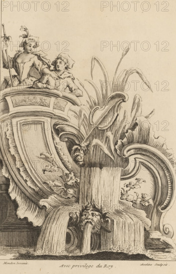 Rocaille with waterfall and two shepherds, Rocaille with waterfall and two country folk (former title), Premier Livre de forme Rocquaille et Cartel, First series of rocaille and cartel ornaments, print, album page, ornamental print, Series number, 6, 7, This series is numbered with a letter A in the upper left corner. Print is part of an album., printmaker: Antoine Aveline, after design by François-Thomas Mondon, grantor of privilege: Louis XV of France, France, 1736, paper, etching, height 240 mm x width 166 mm, rocaille ornament, herding, herdsman, herdswoman, shepherd, shepherdess, cowherd, waterfall, A detailed pen-and-ink drawing shows an ornate architectural fountain with flowing water cascading from carved spouts shaped like a grotesque face, surrounded by elaborate scrollwork, stylized foliage, and curved panels; above the fountain rim two figures in period attire lean on the balustrade, one holding a long staff and wearing a feathered headpiece while the other looks upward, bo...