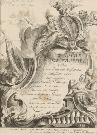 Title page with war trophies and coat of arms, Series of trophies, Livre de Trophée, print, album page, ornamental print, title page, Series number, 1, 7, This series is numbered with a letter B in the upper left corner. Print is part of an album., printmaker: Antoine Aveline, publisher: François-Thomas Mondon, Paris, dedicated to: Victor Amadeus I of Savoy-Carignano, grantor of privilege: Louis XV of France, France, 1736, paper, etching, engraving, height 239 mm x width 183 mm, rocaille ornament, trophy, battle, war, A detailed black and white engraved ornament fills the image, showing elaborate scrollwork and decorative cartouches with flowing acanthus leaves and curved volutes. A reclining lion rests near the top beside an ornate shield topped by a crowned crest, while a helmeted figure with drapery and a spear sits amid billowing clouds nearby. A cherublike child leans against an architectural frame on the right, and another small putto peeks from behind a carved element lower down...