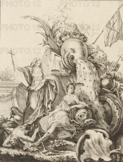 Rocaille with personifications of France and the church, Livre de Trophée, Series of trophies, print, album page, ornament print, Series number, 3, 7, This series is numbered at the top left with a letter B. Print is part of an album., print maker: Antoine Aveline, after design by François-Thomas Mondon, publisher: Étienne Charpentier, Paris, grantor of privilege: Louis XV of France, France, 1736, Louis 232 mm x width 183 mm, rocaille ornament, personifications of countries, nations, states, districts, the Church personified, 'Ecclesia', usually with chalice and banner, A detailed monochrome engraving shows a group of classical figures arranged among rocks and ornate scrollwork; on the left a robed woman stands holding a long cross in one hand with flowing drapery that falls in layered folds, while another seated woman nearby wears a wreath and rests against a large shell-like ornament. Above them a round shield decorated with floral motifs leans against the rock, flanked by curved hor...