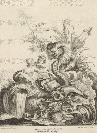 Rocaille with nymphs and fish, Series of trophies, Livre de Trophée, print, album page, ornament print, Series number, 4, 7, This series is numbered at the top left with a letter B. Print is part of an album., printmaker: Antoine Aveline, after design by François-Thomas Mondon, publisher: Étienne Charpentier, Paris, grantor of privilege: Louis XV of France, France, 1736, Louis mm, rocaille ornament, fishes, nymphs (in general), 'Ninfe in commune' (Ripa), A detailed pen-and-ink scene shows ornate swirling waves and stylized sea foam forming intricate curls and scalloped shapes, interwoven with large shells and a tentacle-like form with suction details. Two partially visible human figures emerge from the waves with bare shoulders and heads turned toward each other, their hair rendered in delicate lines. A large fish head with an open mouth and bulging eye appears among the carved wave forms. Tall, curved leaves and plant-like fronds rise behind the central sea motifs, and a decorative ur...