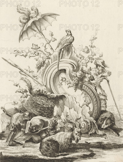 Rocaille with animals and bagpipes, Livre de Trophée, Series of trophies, print, album page, ornament print, Series number, 5, 7, This series is numbered at the top left with a letter B. Print is part of an album., print maker: Antoine Aveline, after design by François-Thomas Mondon, publisher: Étienne Charpentier, Paris, grantor of privilege: Louis XV of France, France, 1736, Louis mm, seed bead ornament, bagpipe, musette, herd, flock, A detailed monochrome etching shows an ornate arrangement of objects and animals, centered on a large, curved decorative shell form with layered ridges. Perched on the shell is a bird with a long tail, and nearby a parasol with a feathered plume leans against the composition. Grapevines with leaves and clustered fruit weave through the scene, surrounding the shell and trailing across the image. A woven nest rests near the base, with a small rodent perched on it, and a reclining goatlike animal lies in the foreground. On the right a figure in rustic clot...