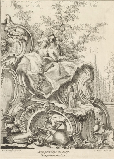 Rocaille with young couple and garden attributes, Series of trophies, Livre de Trophée, print, album page, ornament print, Series number, 6, 7, This series is numbered at the top left with a letter B. Print is part of an album., print maker: Antoine Aveline, after design by François-Thomas Mondon, publisher: Étienne Charpentier, Paris, grantor of privilege: Louis XV of France, France, 1736, Louis 234 mm x width 183 mm, seed bead ornament, gardening tools, An engraved scene showing two seated figures draped in flowing fabric atop an ornate carved structure, one figure wearing a wide-brimmed hat and the other holding a folded object, surrounded by elaborate rococo scrollwork, floral garlands, a cascading spout of water, a tipped vessel and additional ornamental shells and foliage, with fine linear shading and distant trees sketched in the background.