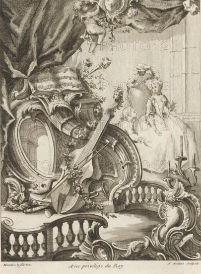 Rocaille with musical instruments and elegant lady, Livre de Trohée, Series of trophies, print, album page, ornament print, Series number, 7, This series is numbered at the top left with a letter B. Print is part of an album., print maker: Antoine Aveline, after design by François-Thomas Mondon, grantor of privilege: Louis XV of France, France, 1736, Louis, An intricately engraved scene showing ornate carved architectural elements and scrollwork interwoven with musical instruments and decorative garlands, a large bowed instrument resting against a carved frame beside an open book of musical notation, draped fabric forming a heavy curtain at the top with a cherubic figure clinging to an ornamental cartouche, a group of three figures in period dress seated in a recessed area with one figure holding a fan and another wearing a broad-brimmed hat, a candelabrum with tapering candle sockets standing near the seated group, and a variety of floral swags and carved balustrades filling the compo...