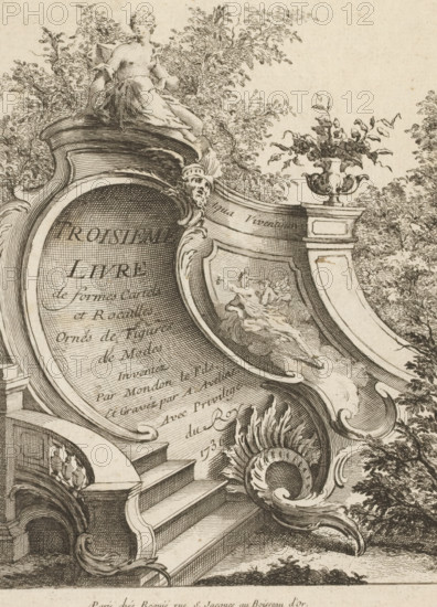 Title page with rocaille on landing staircase, Third series of rocaille and cartella ornaments, Troisième Livre de formes Cartels et Rocailles, print, album page, ornamental print, title page, Series number, 1, 7, This series is numbered with a letter C in the upper left. Print is part of an album., printmaker: Antoine Aveline, after design by François-Thomas Mondon, grantor of privilege: Louis XV of France, France, 1736, paper, etching, height 232 mm x width 178 mm, rocaille ornament, terrace, An ornate engraved scene showing a curved architectural frame with a sculpted reclining female figure atop it, leafy trees behind, a decorative urn with foliage on a pedestal to the right, a sweeping ornamental scroll with shell and volute motifs, a small relief of a reclining cherub-like figure in a cloud within the frame, a broad curved stair with carved balustrade at the lower left, fine crosshatching and line work throughout, and dense foliage filling the background.