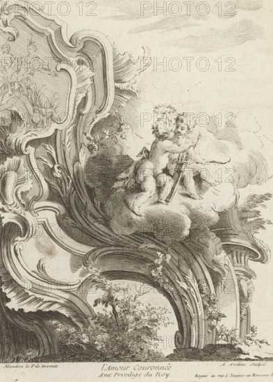 Rocaille with putti, L'Amour Couronnée, Third series of rocailles and serrated ornaments, Troisième Livre de formes Cartels et Rocailles, print, album page, ornament print, Series number, 2, 7, This series is numbered at the top left with a letter C. Print is part of a album., printmaker: Antoine Aveline, after design by François-Thomas Mondon, publisher: Pierre Roguié, Paris, grantor of privilege: Louis paper, etching, engraving, height 230 mm x width 182 mm, rocaille ornament, cupids: 'amores', 'amoretti', 'putti', A detailed etching shows ornate rococo scrollwork and carved architectural flourishes framing the scene, with a pair of cherubic figures seated on a billowy cloud near the center; one cherub faces slightly away while the other looks toward the viewer, and both have curly hair and rounded forms. The cherubs hold a quiver with arrows and a bow, and floral garlands and leafy motifs entwine the surrounding curls of the decorative frame. Cross-hatched shading and fine linework ...