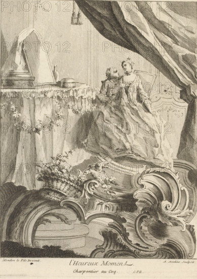 L'Heureux Moment, Rocaille with young couple, Third series of rocailles and serrated ornaments, Troisième Livre de formes Cartels et Rocailles, print, album page, ornament print, Series number, 4, 7, This series is numbered at the top left with a letter C. Print is part of an album., printmaker: Antoine Aveline, after design by François-Thomas Mondon, publisher: Étienne Charpentier, Paris, grantor of privilege: Louis François-Thomas Mondon, paper, etching, height 236 mm x width 179 mm, seed bead ornament, lovers, courting, flirting, A finely detailed black and white engraving shows an ornate interior scene with a large draped curtain sweeping from the upper right across the top. In the center a seated woman in a voluminous gown leans back in a high-backed chair while a man beside her leans forward, his arm around her shoulders and his hand near her chest; both figures wear period clothing and hairstyles. To the left a table covered with a fringed cloth holds a covered mirror or screen,...