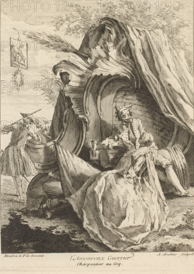 L'Amoureux Guerrier, Rocaille with soldier and young woman, Third series of rocailles and serrated ornaments, Troisième Livre de formes Cartels et Rocailles, print, album page, ornament print, Series number, 6, 7, This series is numbered at the top left with a letter C. Print is part of an album., printmaker: Antoine Aveline, after design by François-Thomas Mondon, publisher: Étienne Charpentier, Paris, 1736, Antoine Aveline, François-Thomas Mondon, Étienne Charpentier, printmaker, after design by, publisher, paper, etching, height 236 mm x width 181 mm, seed bead ornament, lovers, courting, flirting, A detailed monochrome engraving shows a large, intricately carved swan-shaped furniture piece or shell-like structure with flowing, curved lines and rich textural shading, draped with heavy fabric that cascades in folds; seated within and around this structure are three figures in period clothing, one wearing a pointed cap and leaning back against the carved surface while another, dressed...