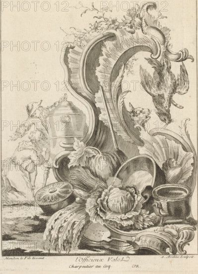 L'Officieux Valet, Beaded seed with kitchen utensils, Third series of seeded seed and serrated ornaments, Troisième Livre de formes Cartels et Rocailles, print, album page, ornamental print, Series number, 7, This series is numbered with a letter C in the upper left corner. Print is part of an album., printmaker: Antoine Aveline, after design by François-Thomas Mondon, publisher: Étienne Charpentier, Paris, grantor of privilege: Louis XV of France, France, 1736, Antoine Aveline, François-Thomas Mondon, Étienne Charpentier, Louis XV of France, printmaker, after design by, publisher, grantor of privilege, paper, etching, engraving, height 234 mm x width 183 mm, rocaille ornament, kitchen utensils, A detailed monochrome engraving shows an ornate arrangement of carved scrollwork and shell-like curves dominating the upper center, with flowing acanthus leaves and floral sprigs emerging from the decorative forms. Interspersed among the ornamentation are kitchen and dining objects including a ...