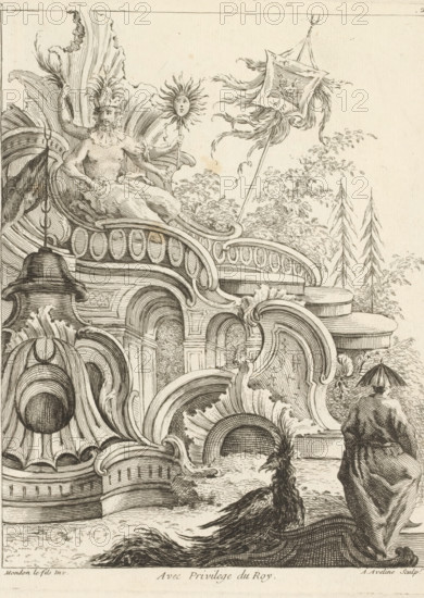 Rocaille with multi-faceted god, Fourth series of rocailles, figures and Chinese dragons, Quatrième Livre de Formes ornées de Rocailles, et Dragons Chinois, print, album page, ornamental print, Series number, 2, 7, God with multiple arms and faces, possibly Simianshen. This series is numbered with the letter D in the upper left corner. Print is part of an album., printmaker: Antoine Aveline, after design by François-Thomas Mondon, grantor of privilege: Louis XV of France, France, 1736, paper, etching, height 232 mm x width 181 mm, rocaille ornament, Chinese, traditional Chinese religions, A detailed engraved scene showing ornate architectural scrollwork and curved balustrades with oval motifs, a bearded male figure seated among large flowing decorative shells holding a staff topped with a stylized sun face, a banner on a pole with flowing ribbons, layered arches and recessed niches, a cloaked figure seen from behind standing near the edge, and a bird with long, ruffled feathers on the ...