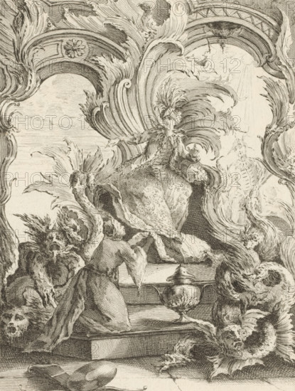 Rocaille with man sitting on throne surrounded by dragons, Rocaille with two Orientals and dragons (former title), Quatrième Livre de Formes ornées de Rocailles, et Dragons Chinois, Fourth series of rocailles, figures and Chinese dragons, print, album page, ornamental print, Series number, 3, 7, This series is numbered with a letter D in the upper left corner. Print is part of an album., printmaker: Antoine Aveline, after design by François-Thomas Mondon, grantor of privilege: Louis XV of France, France, 1736, paper, etching, etching pasted on album page, height 232 mm x width 178 mm, rocaille ornament, ruler, sovereign, kneeling figure, dragon, A densely detailed monochrome etching filled with ornate swirling foliage and curling acanthus-like ornamentation framing a central seated figure wearing a lavish robe and an elaborate feathered headdress, the figure’s arms extended and one hand holding a small object, while a cloaked kneeling figure with a distorted mask-like face leans forwar...