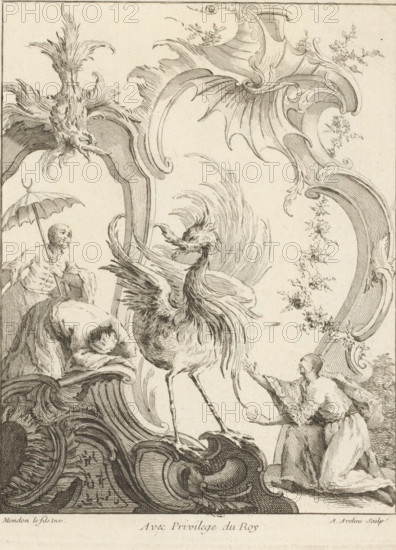 Rocaille with three figures in Chinese costume surrounding a fantasy bird, Quatrième Livre de Formes ornées de Rocailles, et Dragons Chinois, Fourth series of rocailles, figures and Chinese dragons, print, album page, ornamental print, Series number, 5, 7, This series is numbered with a letter D in the upper left corner. Print is part of an album., printmaker: Antoine Aveline, after design by François-Thomas Mondon, grantor of privilege: Louis XV of France, France, 1736, paper, etching, height 233 mm x width 179 mm, rocaille ornament, Chinese, fabulous animals, birds, A detailed black and white engraving shows an ornate, flowing decorative frame with curved, shell-like and acanthus leaf motifs surrounding a central scene; a large, stylized bird with long legs, an elaborate plume of feathers, and wings partially raised stands prominently on a curled, wave-like base; to the left, a cloaked figure kneels under a small umbrella held by a skeletal or gaunt figure seated behind, both figures...