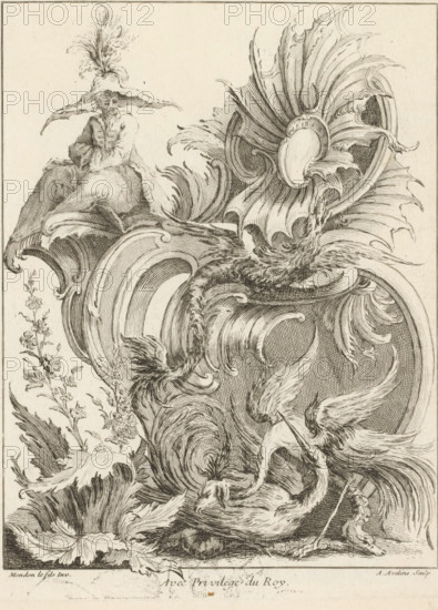 Rocaille with fantasy birds, Quatrième Livre de Formes ornées de Rocailles, et Dragons Chinois, Fourth series of rocailles, figures and Chinese dragons, print, album page, ornamental print, Series number, 6, 7, This series is numbered with a letter D in the upper left. Print is part of an album., printmaker: Antoine Aveline, after design by François-Thomas Mondon, grantor of privilege: Louis XV of France, France, 1736, paper, etching, height 233 mm x width 178 mm, rocaille ornament, fabulous animals, birds, A detailed pen-and-ink drawing with flowing, curling ornamental shapes that resemble stylized shells and waves, featuring intricate hatch shading and swirling lines; a seated figure wearing a wide-brimmed hat topped with long, feathery plumes sits among the decorative forms, hands brought toward the face; a long, sinuous creature with feathered texture weaves through the composition, its body terminating in a tail fin and its limbs appearing birdlike with a hooked beak and curved ta...
