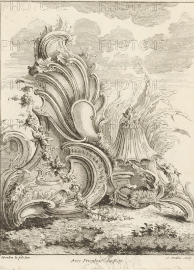 Rocaille with dragon and floral garland, Fourth series of rocailles, figures and Chinese dragons, Quatrième Livre de Formes ornées de Rocailles, et Dragons Chinois, print, album page, ornamental print, Series number, 7, This series is numbered with a letter D in the upper left corner. Print is part of an album., printmaker: Antoine Aveline, after design by François-Thomas Mondon, grantor of privilege: Louis XV of France, France, 1736, paper, etching, height 231 mm x width 179 mm, rocaille ornament, dragon, The image shows an intricate monochrome engraving of elaborate rococo-style scrolls, shells, and acanthus-like foliage forming sweeping curved forms and layered volutes, with delicate linework creating shading and texture; small floral garlands and blossoms entwine the ornamental curves, and feathery leaf fronds rise and curl beside a ribbed bell-shaped element topped by a floral finial; the background contains softly hatched clouds and horizontal lines suggesting a distant sky above...