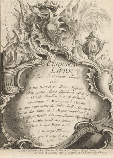 Title page with man with various weapons, Fifth series with Chinese figures and ornaments, Cinquieme Livre de Figures et Ornements Chinois, print, album page, ornamental print, title page, Series number, 1, 7, This series is numbered with a letter E in the upper left. Print is part of an album., printmaker: Antoine Aveline, after design by François-Thomas Mondon, dedicated to: Charles Alexis Madeleine Rosalie de Châtillon, grantor of privilege: Louis XV of France, France, 1736, paper, etching, engraving, etching and engraving, pasted on album page, height 230 mm x width 174 mm, rocaille ornament, A sepia-toned engraved title page showing ornate Baroque ornamentation with swirling acanthus leaves and shell-like curves framing a central cartouche filled with handwritten script. At the top center a crowned helmet rests on a spotted fur mantle encircling an oval shield with vertical stripes, flanked by flowing banners and a plume of feathers. To the left a seated figure in draped clothing ...