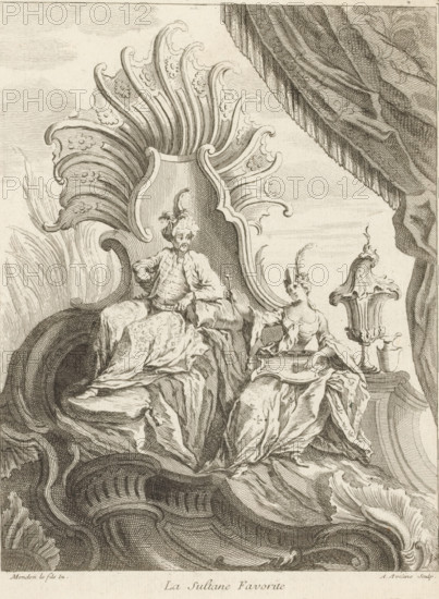 The Favorite Sultan, Rocaille with enthroned sultan, Cinquieme Livre de Figures et Ornements Chinois, Fifth series with Chinese figures and ornaments, print, album page, ornamental print, Series number, 2, 7, Next to the sultan is a woman playing a dulcimer. This series is numbered with a letter E in the upper left. Print is part of an album., printmaker: Antoine Aveline, after design by François-Thomas Mondon, 1736, paper, etching, engraving, height 231 mm x width 177 mm, rocaille ornament, ruler, sovereign, dulcimer, zither, A detailed black and white etching shows two seated figures on an ornate, shell-like throne with sweeping, curved decorative forms behind them and draped fabric folding around their seats; the left figure wears layered flowing garments and a small plume on the head, posed with an arm resting on the lap and a contemplative facial expression, while the right figure, also in layered robes and a feathered headpiece, leans slightly forward holding a rectangular object...