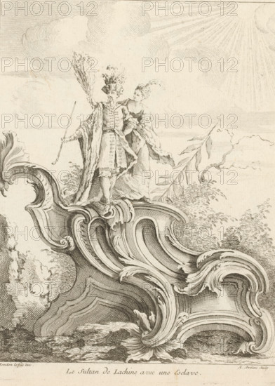 Rocaille with sultan with a woman, Le Sultan de Lachine, avec une Esclave, Cinquieme Livre de Figures et Ornements Chinois, Fifth series with Chinese figures and ornaments, print, album page, ornament print, Series number, 4, 7, This series is numbered at the top left with a letter E. Print is made part of an album., printmaker: Antoine Aveline, after design by François-Thomas Mondon, 1736, paper, etching, engraving, height 229 mm x width 179 mm, rocaille ornament, ruler, sovereign, A detailed ink engraving shows two figures standing on an ornate, swirling architectural form with carved volutes and layered contours. The foreground figure wears a long coat or robe, a tall hat with plumes, and holds a slender staff and a fanlike object, while the figure beside them has a flowing dress and an arm draped around the foreground figure’s shoulder. Fine lines form stylized clouds and radiating rays in the upper background, and leafy vegetation and trees appear around the base of the architectu...