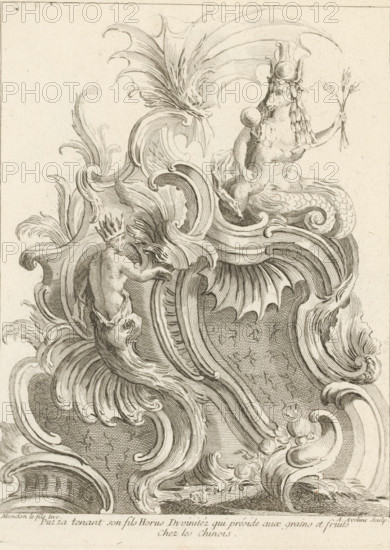 Puzza tenant son fils Horus Divinitéz qui préside aux grains et fruits, Rocaille with three gods, Fifth series with Chinese figures and ornaments, Cinquieme Livre de Figures et Ornements Chinois, print, album page, ornamental print, Series number, 6, 7, According to the caption, this depicts Horus as a child, possibly with his mother Isis, who here has features of Hathor. This series is numbered with a letter E in the upper left corner. Print is part of an album., printmaker: Antoine Aveline, after design by François-Thomas Mondon, 1736, paper, etching, height 230 mm x width 177 mm, rocaille ornament, Horus, son of Osiris and Isis, A detailed monochrome engraving shows elaborate swirling acanthus-like ornamental forms with flowing curved lines and shell-like scrolls. Within the decorative foliage a crowned human figure is partially visible, turned away with an arm extended and draped fabric around the lower body. Above, a hybrid creature with an animal head and a scaled, curled tail si...