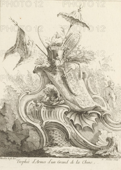 Rocaille with war trophy, Trophée d'Armes d'un Grand de la Chine, Fifth series with Chinese figures and ornaments, Cinquieme Livre de Figures et Ornements Chinois, print, album page, ornament print, Series number, 7, This series is numbered at the top left with a letter E. Print is part of an album., printmaker: Antoine Aveline, after design by François-Thomas Mondon, 1736, paper, etching, height 229 mm x width 175 mm, rocaille ornament, trophy, battle, war, An intricately detailed black and white etching shows an elaborate ornamental arrangement of curved, shell-like architectural forms and scrollwork, with a central pedestal holding a decorative vase filled with foliage and plumed elements, a parasol perched above, and a flag waving to the left; finely hatched shading defines textured surfaces, floral motifs, and layered drapery, while a figure wearing a pointed hat appears on the right amid more ornamental flourishes and stylized natural elements.