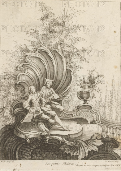 Rocaille with two young men, Les petits Maîtres, Sixieme Livre de Formes Rocailles et Cartels ornés de Figures Françoises, Sixth series of rocaille, cartels ornés de Figures Françoises, Print, album page, ornamental print, Series number, 3, 7, This series is numbered with a letter F in the upper left. Print is part of an album., printmaker: Antoine Aveline, after design by François-Thomas Mondon, publisher: Pierre Roguié, Paris, grantor of privilege: Louis XV of France, France, 1736, paper, etching, etching pasted onto album page, height 232 mm x width 174 mm, rocaille ornament, youth, adolescent, A detailed monochrome engraving shows two men seated on an ornate, shell-shaped bench with sweeping, curved lines and carved decorative elements. One man reclines with one leg extended and a jacket draped loosely, while the other sits more upright beside him, both wearing period clothing with ruffled collars and fitted coats. Behind them, large stylized shell forms rise like a backdrop, mergi...