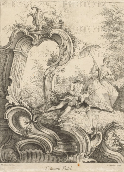 L'Amant Fidel, Rocaille with young couple with dog, Sixth series with rocaille, cartelsornamenten en Figuurs, Sixieme Livre de Formes Rocailles et Cartels ornés de Figures Françoises, print, album page, ornamental print, Series number, 6, 7, This series is numbered with a letter F in the upper left corner. Print is part of an album., printmaker: Antoine Aveline, after design by François-Thomas Mondon, 1736, Antoine Aveline, François-Thomas Mondon, printmaker, after design by, paper, etching, engraving, etching en gravure, pasted on album page, height 227 mm x width 171 mm, rocaille ornament, lovers, courting, flirting, An intricately detailed engraving shows an ornate rococo frame with sweeping curving scrolls and carved floral motifs occupying much of the left and lower portions, while to the right a pastoral scene depicts a seated woman in a flowing dress holding a parasol above her head and a reclining man in period attire leaning back against the ground near her; delicate foliage a...