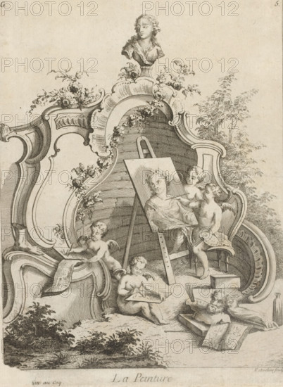 Rocaille with allegory of painting, La Peinture, print, album page, ornamental print, This print is part of a series not otherwise represented in this album, and is numbered with a letter G in the upper left. Numbered: 5 in the upper right. Print is part of an album., printmaker: Antoine Aveline, after design by François-Thomas Mondon, 1736, paper, etching, engraving, etching and engraving, pasted on album page, height 230 mm x width 175 mm, rocaille ornament, cupids: 'amores', 'amoretti', 'putti', 'Pictura', symbolic representations, allegories and emblems, painting, 'Pittura' (Ripa), A detailed ink engraving shows a decorative rococo frame with curved moldings and floral garlands surrounding a central scene of cherubic figures engaged in artistic activities; an easel holds a portrait painting of a young woman while a seated cherub at a small stool holds a palette and brushes and appears to touch the canvas, another cherub nearby draws on a sheet of paper on a cushioned surface, and a...