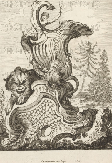 Rocaille with lion, Nouveau Livre de forme d'ornemens rocaille, et vase, Series with rocailles and vases, print, album page, ornamental print, Series number, 2, 7, This print is part of a series and is numbered with a letter H in the upper left corner. Print is part of an album., printmaker: Antoine Aveline, after design by François-Thomas Mondon, publisher: Étienne Charpentier, Paris, grantor of privilege: Louis XV of France, France, 1736, Antoine Aveline, François-Thomas Mondon, Étienne Charpentier, Louis XV of France, printmaker, after design by, publisher, grantor of privilege, paper, etching, engraving, height 256 mm x width 181 mm, rocaille ornament, beasts of prey, predatory animals: lion, An ornate engraved decorative form with flowing scrollwork and shell-like curves, featuring a reclining lion-like creature with a curled mane and a smiling expression, a small partially draped human figure emerging from the upper scroll holding a thin rod, densely hatched textures and patterne...