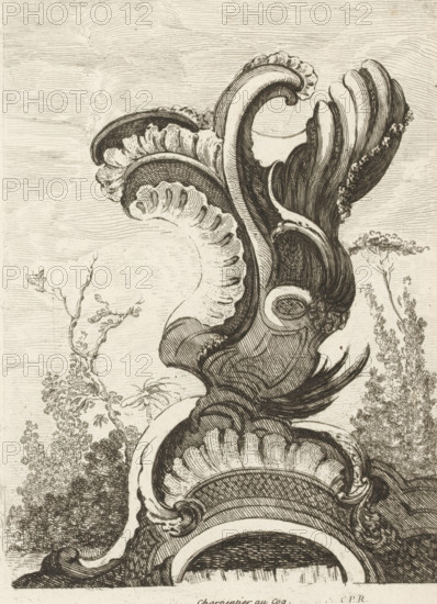 Ornamental vase with rocaille ornaments, Nouveau Livre de forme d'ornemens rocaille, et vase, Series with rocaille ornaments and vases, print, album page, ornamental print, Series number, 5, 7, This print is part of a series and is numbered with a letter H in the upper left corner. Print is part of an album., printmaker: Antoine Aveline, after design by François-Thomas Mondon, publisher: Étienne Charpentier, Paris, grantor of privilege: Louis XV of France, France, 1736, Antoine Aveline, François-Thomas Mondon, Étienne Charpentier, Louis XV of France, printmaker, after design by, publisher, grantor of privilege, paper, etching, height 244 mm x width 181 mm, rocaille ornament, trees, An intricate black ink drawing of ornate, curling shell- and foliage-like forms rendered with dense parallel and cross hatching, showing voluted, scalloped edges and smooth rounded interiors; the composition focuses on a large flowing central crest that spirals upward with layered, ribbed textures and shadow...