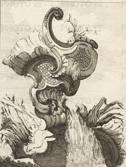 Ornamental vase with seed beads and waterfall, Series with seed beads and vases, Nouveau Livre de forme d'ornemens rocaille, et vase, print, album page, ornamental print, Series number, 6, 7, This print is part of a series and is numbered with a letter H in the upper left corner. Print is part of an album., printmaker: Antoine Aveline, after design by François-Thomas Mondon, publisher: Étienne Charpentier, Paris, grantor of privilege: Louis XV of France, France, 1736, Antoine Aveline, François-Thomas Mondon, Étienne Charpentier, Louis XV of France, printmaker, after design by, publisher, grantor of privilege, paper, etching, height 264 mm x width 184 mm, seed bead ornament, garden cascade, A detailed monochrome etching of curling, layered organic forms resembling shells, waves, and bark, rendered with fine crosshatching and parallel lines; a prominent spiraling shape at the top with textured interior surfaces and scalloped edges flows into bulbous, ribbed volumes and patterned surfaces...