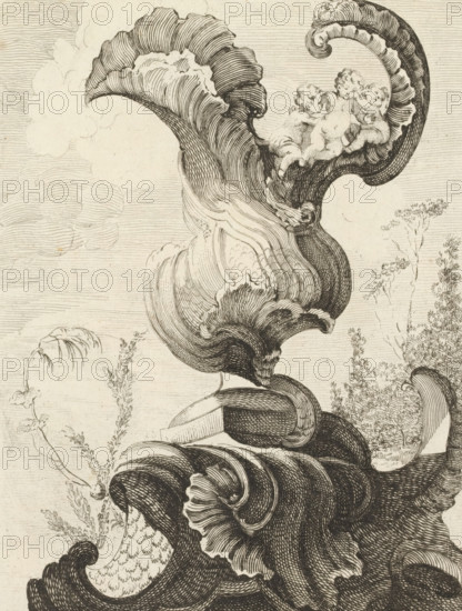 Ornamental vase with seed beads and putti, Series with seed beads and vases, Nouveau Livre de forme d'ornemens rocaille, et vase, print, album page, ornamental print, Series number, 7, This print is part of a series and is numbered with a letter H in the upper left corner. Print is part of an album., printmaker: Antoine Aveline, after design by François-Thomas Mondon, publisher: Étienne Charpentier, Paris, grantor of privilege: Louis XV of France, France, 1736, Antoine Aveline, François-Thomas Mondon, Étienne Charpentier, Louis XV of France, printmaker, after design by, publisher, grantor of privilege, paper, etching, height 243 mm x width 180 mm, seed bead ornament, garden cascade, An intricate pen-and-ink scene showing large, curling shell-like forms with dense parallel hatching and flowing contours, a cluster of three cherub-like figures nestled within one upper curl, delicate wispy cloud shapes in the background, finely rendered foliage and slender plant stems along the right and l...
