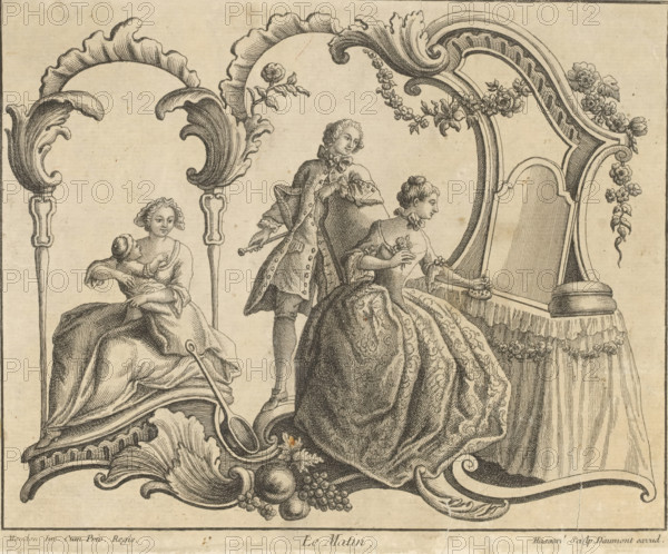 Rocaille with elegant gentleman and two ladies, Le Matin, print, album page, ornament print, Print is part of an album., printmaker: Hassard, after design by François-Thomas Mondon, publisher: Jean-François Daumont, Paris, grantor of privilege: Louis XV of France, France, 1719 - 1775, Louis, An ornamental etching shows three seated figures framed by large decorative scrolls and floral motifs; a woman on the left cradles a small child and sits beneath a curved carved support, a man in the center wearing a coat with buttons and a bow at his neck stands slightly behind a seated woman on the right who wears an ornate patterned gown and holds a small bouquet while facing a cushioned mirror or dressing screen draped with fabric and trimmed with floral garlands, the lower border is filled with sculpted acanthus leaves and clusters of fruit.