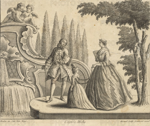 L'aprés Midy, Couple walking with child by fountain with seed beads, print, album page, ornament print, Print is part of an album., print maker: Hassard, after design by François-Thomas Mondon, publisher: Jean-François Daumont, Paris, grantor of privilege: Louis XV of France, France, 1719 - 1775, Hassard, François-Thomas Mondon, Jean-François Daumont, Louis, A finely detailed ink engraving shows an elegantly dressed man standing on a raised platform beside a woman in a voluminous gown who holds a folding fan, with a smaller seated woman or child between them; the man wears a coat with decorative buttons, knee breeches, a ribbon at his neck, and holds a cane, while the seated figure has a coiffed hairstyle and a dress with a full skirt. To the left an ornate carved fountain or architectural element with flowing water occupies the foreground, topped by two cherubic putti who recline on the ornamentation; behind the figures a row of tall, narrow trees rises and to the right a large leafy ...