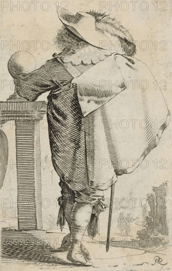 Gentleman, dressed in the fashion of ca. 1630, seen from behind, album page, costume print, with left arm leaning on a low wall. Short cape loose around the right shoulder. Hat with plume on the head., monogram: 'PQ', printmaker: Salomon Savery, after drawing by Pieter Jansz Quast, c. 1630, paper, etching, height 142 mm x width 92 mm, shoes, sandals (men's clothes), trousers, breeches, etc. (BREECHES) (men's clothes), stockings, socks (men's clothes), coat (men's clothes), clothes, costume (women's clothes), head-gear: hat (men's clothes), neck-gear: collar (men's clothes), head-gear: hat (feathers used for clothes), costume, Period, 1630, A back view of a person wearing a wide-brimmed hat with a long feather, a lace collar, a voluminous cloak draped over one shoulder, and striped clothing on the arm and torso, standing with one arm resting on a balustrade topped by a sphere and leaning on a long slender cane, with visible curly hair beneath the hat, decorative tassels at the knees, an...