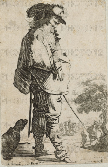 Man facing right, dressed in the fashion of ca. 1630, album page, costume print, Man with hat on and sword at his side, standing facing right, in front of a landscape with horsemen in the background. Next to him a seated dog., signature: 'S.Saverij', printmaker: Salomon Savery, after drawing by Pieter Jansz Quast, c. 1620, paper, etching, height 0 x width 0, hacking and thrusting weapons: sword, trousers, breeches, etc. (BREECHES) (men's clothes), coat (men's clothes), head-gear: hat (men's clothes), head-gear: hat (feathers used for clothes), boots (men's clothes), costume, Period, 1625 - 1650, A tall man in period clothing stands in profile facing right, wearing a large feathered hat, a high lace collar, a cloak draped over one shoulder, and a long coat with decorative buttons; his hands rest near his waist, one holding a thin staff or cane that extends down toward the ground. He wears knee-length breeches with stockings and buckled shoes, and an ornate cuff and lace trim are visible...