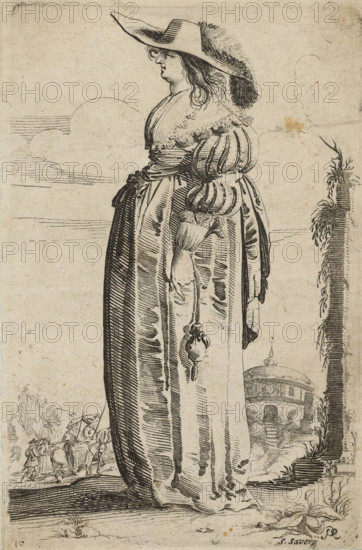 Woman, dressed in the fashion of about 1620, facing left, album, album page, costume print, Woman with hat, richly dressed in the fashion of about 1620, standing in front of a landscape with a round building in the background right., signature: 'PQ', signature: 'S.Saverij', number: '10', printmaker: Salomon Savery, after drawing by Pieter Jansz Quast, c. 1620, paper, etching, height 0 mm x width 0 mm, clothes, costume (women's clothes), dress, gown (women's clothes), head-gear: hat (women's clothes), sleeves (women's clothes), belt, girdle, waistband (women's clothes), other clothing accessories (PURSE) (women's clothes), purse, money-bag (women's clothes), head-gear: hat (feathers used for clothes), costume, Period, 1620, A tall woman in a long, vertically striped dress stands in profile facing left, wearing a wide-brimmed hat with a plume and a lace-trimmed collar, her hair curled and falling over her shoulders; one gloved hand hangs at her side holding a small ornament, while the ot...