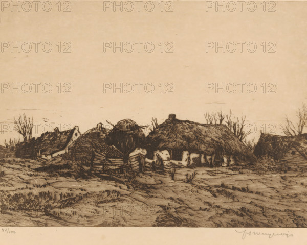Farmhouses, print, Four low farmhouses and a haystack, collector's mark: 'qJh', printmaker: Hendrik Weegewijs (signed by artist), publisher: Bernard de Vries, 1905 - 1964, Hendrik Weegewijs, Bernard de Vries, printmaker, publisher, paper, etching, intaglio printmaking technique, height 240 mm x width 301 mm, farm or solitary house in landscape, hay-stack, A sepia-toned landscape shows a cluster of rustic thatched cottages with rough stone and plaster walls, irregular rooflines, and textured straw roofs; some roofs have visible bundles or poles on top. In front of the cottages is a patchy, uneven foreground of dirt and low grass with rutted paths and scattered tufts. Leafless trees and spindly shrubs rise behind and between the buildings. A few small birds are visible in the sky above the cottages. The overall image has fine crosshatched lines and shading that emphasize the weathered textures of the buildings, roofs, and ground.