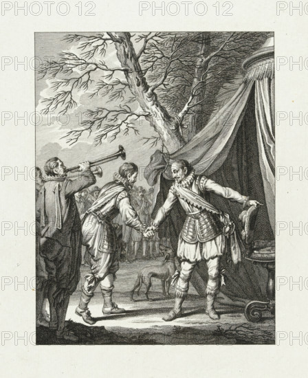 Meeting between Orange and Mondragon, 1573, Meeting between William and Mondragon, XI. canto, Scenes from the life of Prince William I, 1568-1584, Art plates belonging to the epic poem William the First, in twenty-four cantos by the Dutch poet J. Nomsz., print, historical print, Series number, 11, 24, Meeting between William of Orange and Mondragon in front of an army tent near Middelburg, 1573. Eleventh canto., printmaker: Theodoor Koning, Northern Netherlands, after design by Jacobus Buys, publisher: J. Smit, Amsterdam, publisher: Jan Willem Smit, publisher: Willem Vermandel, 1781, paper, etching, height 270 mm x width 215 mm, Illustration for: J. Nomsz, William the First, or the Foundation of Dutch Freedom. : In twenty-four cantos, Heirs of David Klippink, Amsterdam 1779. Stands before the letter. Group of four proofs in the original cover of the publishers J. Smit and Son and W. Vermandel in Amsterdam, 1781 (the third edition)., Person, Cristóbal de Mondragón y Otalora, Eighty Year...