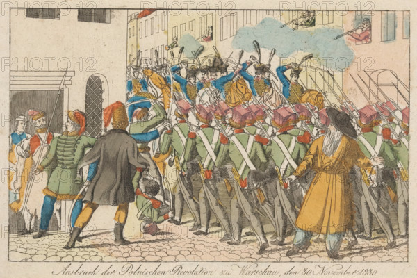 Breakout of the Polish Revolution in Warsaw, November 30, 1830, November Uprising, print, Outbreak of the November Uprising in Warsaw, 1830. Cadets of the Polish Military Academy revolt against the Russian troops in the city., Germany (possibly), 1830 - 1831, printmaker, paper, etching, hand coloring, hand-colored, height 161 mm x width 247 mm, street-fights, riots, Warsaw, Mazowieckie, Period, 1830-11-30, A crowded street scene shows rows of soldiers in uniform standing shoulder to shoulder with long rifles held upright, their uniforms featuring green coats, red collars, and backpacks with straps crossing their backs; in front of them mounted cavalry wearing blue jackets and tall hats with plumes brandish sabers while pale blue smoke drifts above; on the left several men in varied clothing and fur hats confront the troops, one wearing a dark cloak and another in a green tunic with decorative fastenings, and a small boy clutches at a soldier’s leg; buildings with multiple windows line ...