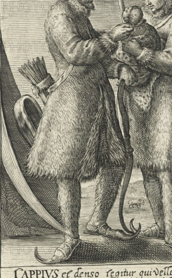 February: a couple from Sápmi (Lapland), February: a couple from Lapland (former title), The twelve months with couples in costumes from different countries, costume print, Man and woman from Sápmi (Lapland), dressed in fur costumes, fur hats on their heads. The woman carries a baby in her arms and a wooden basket on her back. Above them the sign of Pisces. In the margin a two-line caption in Latin stating that The LAP and the ICELANDER who wrap themselves in a thick fox skin, overcome the cold of February. Print from a series with the twelve months represented by signs of the zodiac and couples wearing clothes from different countries., inscription: '110', caption: 'LAPPIVS et denso tegitur qui vellere vulpis, ISLANDVS glaecem et Februari frigira frigora vincunt.', printmaker: Crispijn van de Passe (II), Northern Netherlands, 1604 - 1670, paper, engraving, mounted on album page, height 141 mm x width 87 mm x height 424 mm x width 271 mm, The print is mounted together with the rest of ...