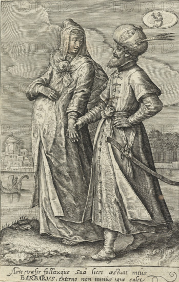 August: a couple from Turkey, The twelve months with couples in costumes from various countries, costume print, Man and pregnant woman, dressed in Turkish dress, on the bank of a river. In the background a city view. In the upper right the sign of Virgo. In the margin a two-line caption in Latin about the cunning of 'the Barbarian' who can also set ablaze for the woman. Print from a series with the twelve months represented by signs of the zodiac and couples wearing clothes from different countries., inscription: '110', caption: 'Arte vafer fallaxque suâ licet aestuat intus, BARBARVS, externo non minus igne calet', printmaker: Crispijn van de Passe (II), Northern Netherlands, 1604 - 1670, paper, engraving, mounted on album page, height 134 mm x width 85 mm x height 242 mm x width 271 mm, The print is mounted on an album page together with the rest of the print series., shoes, sandals (men's clothes), coat (men's clothes), clothes, costume (women's clothes), dress, gown (women's clothes...